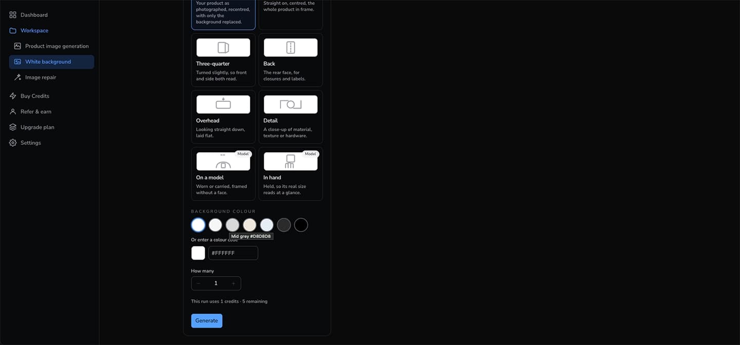 The shot options and the background colour picker with #FFFFFF entered