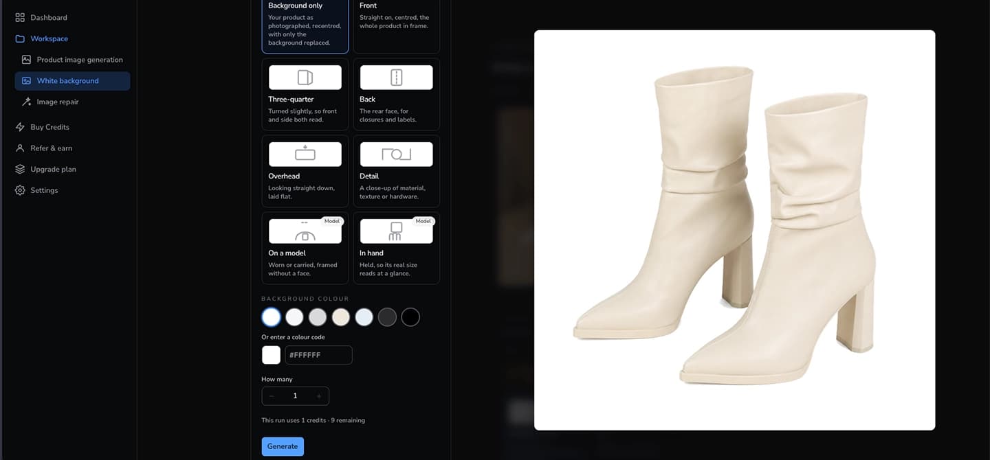 De opnamekiezer met het witte staal geselecteerd, en de resulterende productfoto op een zuiver witte achtergrond