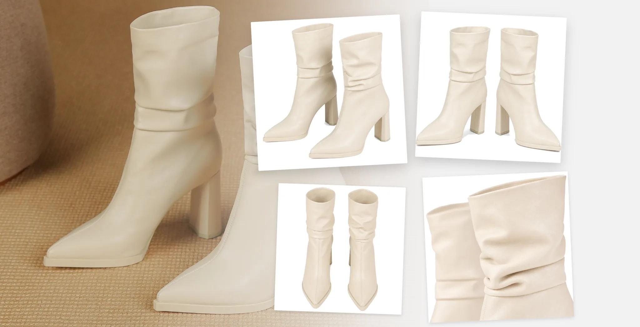 A photo of ankle boots on a carpet beside four white-background images of the same boots, each from a different angle
