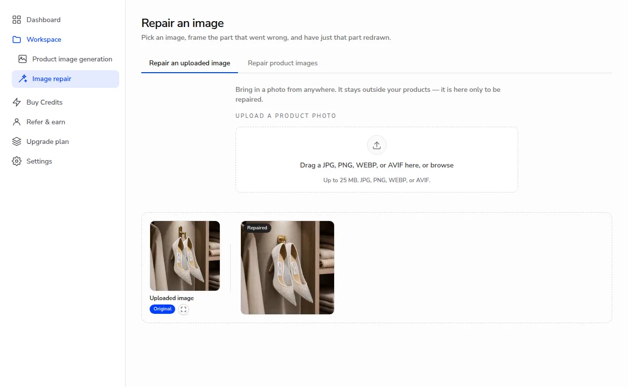 修復ライブラリ。アップロードした写真と、その横に修復後の画像