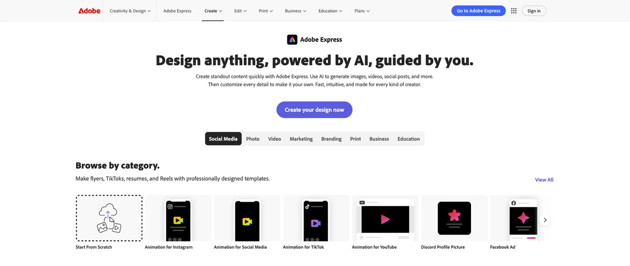 Adobe Express 홈페이지. 템플릿 카테고리 목록