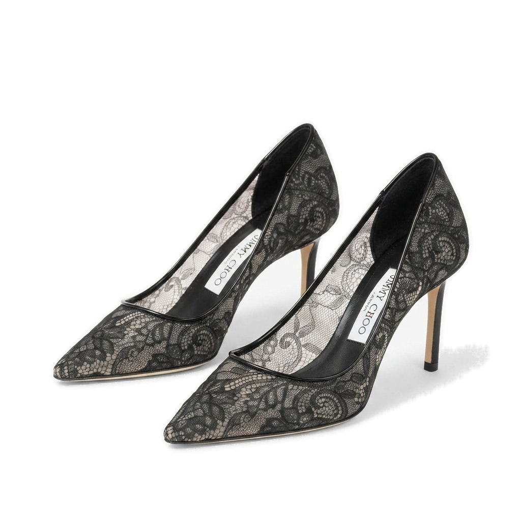 The same pair of lace pumps on a plain white background: shape, colour and proportion, and nothing else